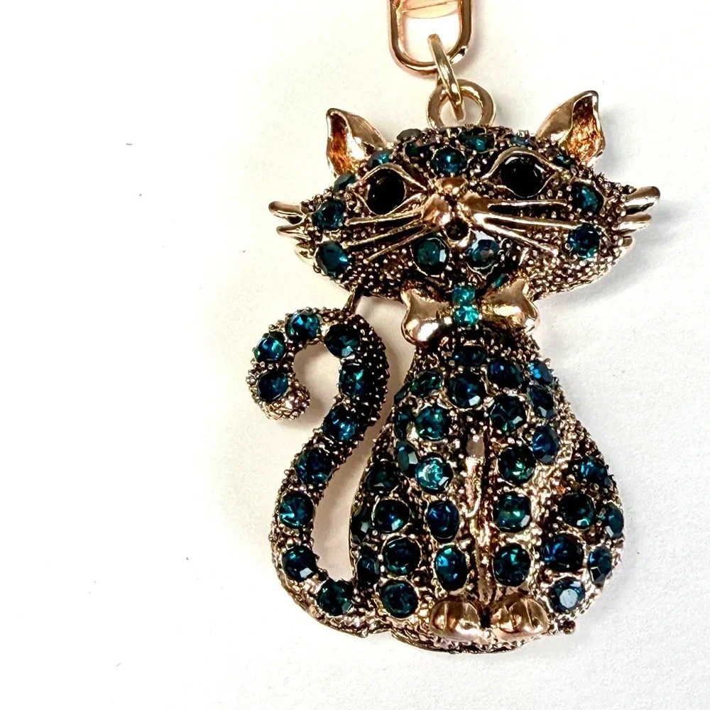 Whimsical Keychain Cat‎ Emerald Teal Rhinestone Gold Boho Bag Charm Gift Kitty